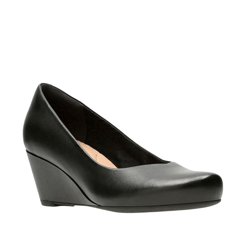 Clarks Flores Tulip 26130117 Pump Women's US 6 Black Leather Wedge Heel LION448